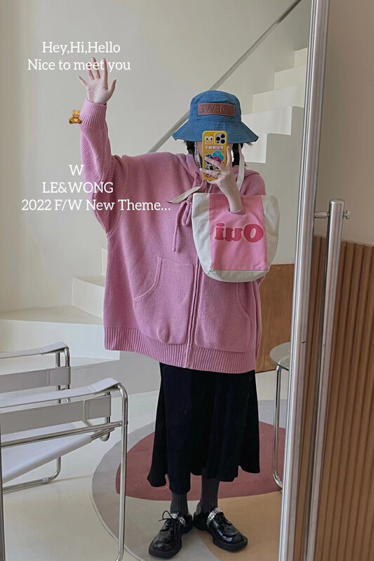 【LE&WONG】Candy color solid color simple zipper hooded knitted cardigan sweater cardigan jacket 7032