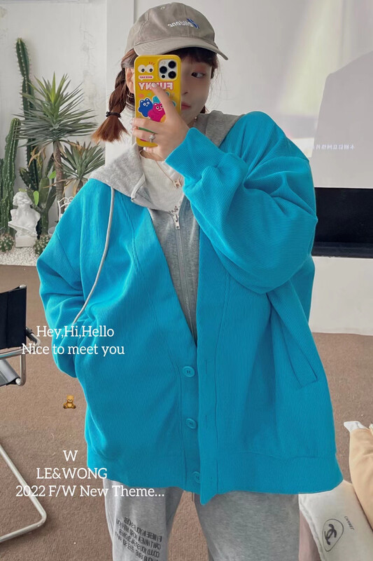 【LE&WONG】Simple color matching loose all-match short jacket knitted hooded zipper jacket 1957