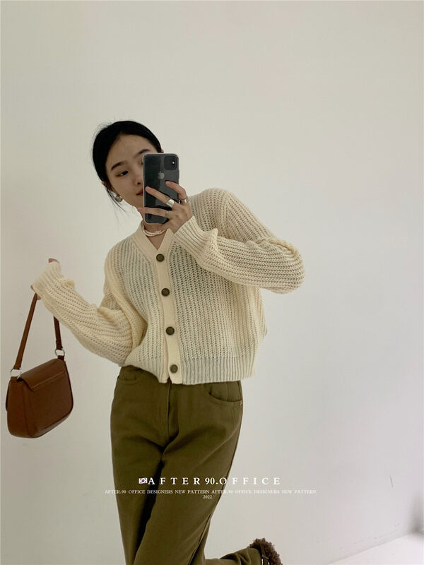 New in autumn!【AFTER.90】V-neck single-breasted comfortable knitted cardigan M7701# L