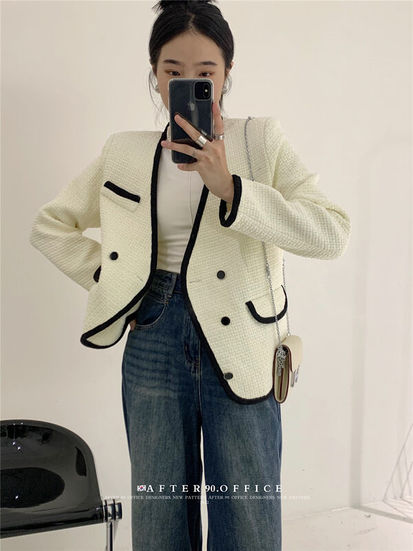 New in autumn!【AFTER.90】Double-breasted color-blocking fashion small fragrance short coat A2222# L