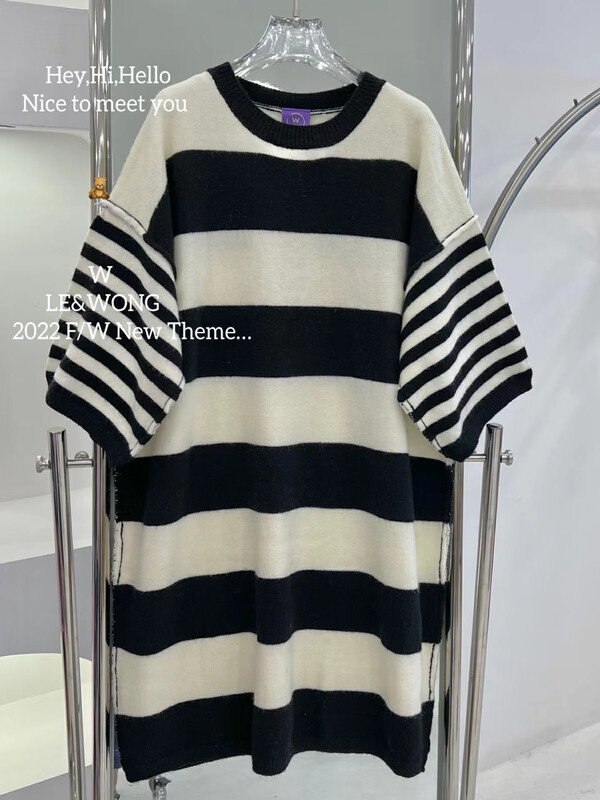 【LE&WONG】Korean Department Dongdaemun Loose Classic Stripe Contrast Color Dress Three-quarter Sleeve Long Sweater Dress 8318