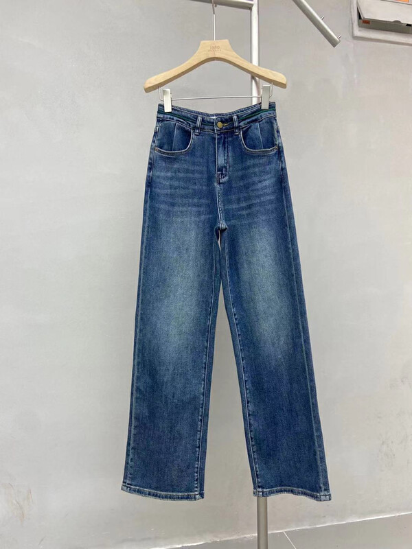 New in autumn! [RJ1980] stitching color high waist loose wide leg jeans 2A63572# HYY
