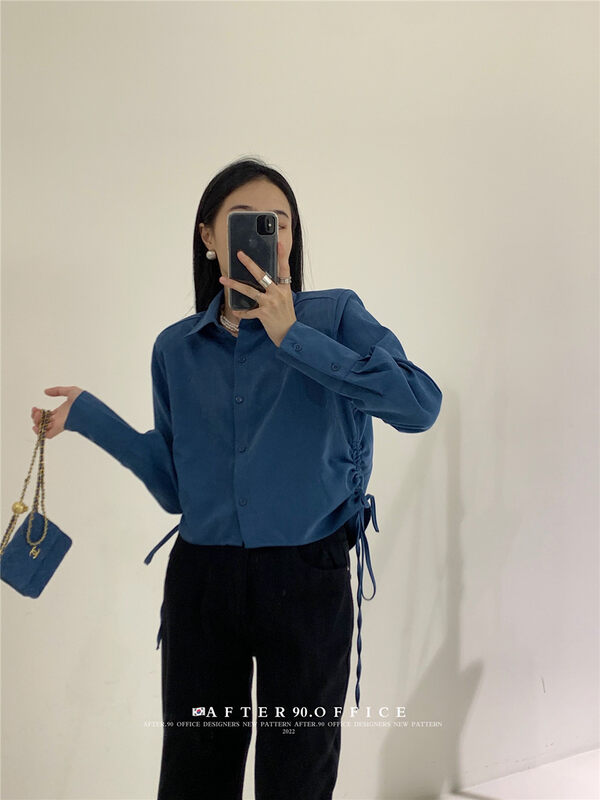 New in autumn!【AFTER.90】Korean short solid color lace-up shirt A2225# L