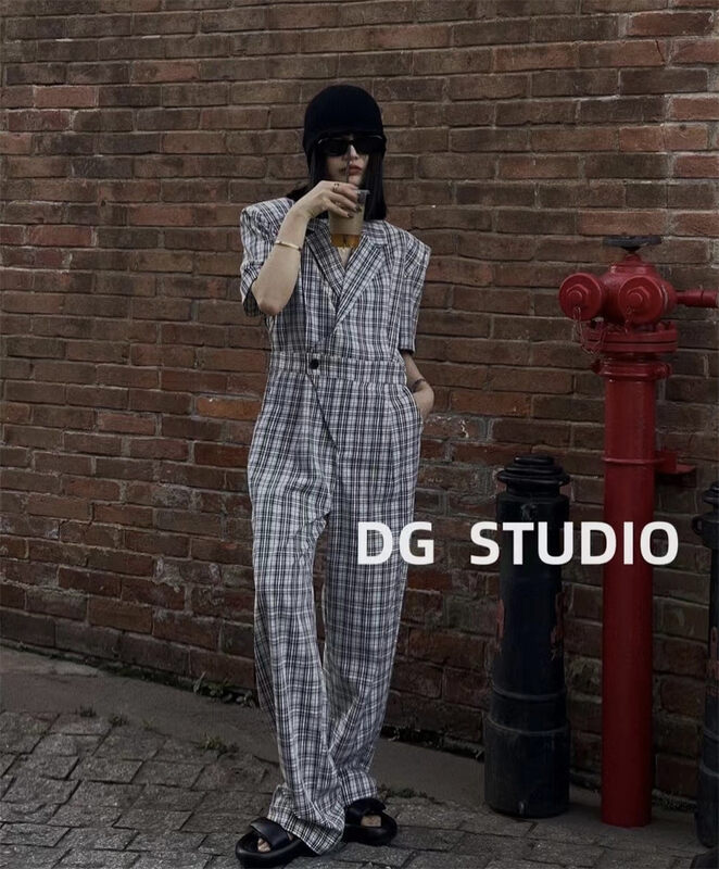 [DG] Suit Collar High Waist Plaid Jumpsuit 8132# XJ