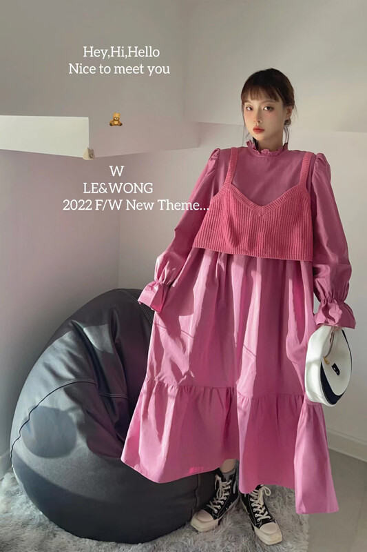 【LE&WONG】College style age-reducing girl dress suit knitted suspenders two-piece set 1919