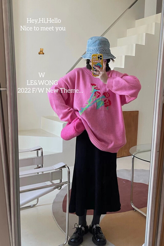 【LE&WONG】Simple Solid Color Flower Element Loose Warm Sweater (Pullover Sweater) 8325# FHX