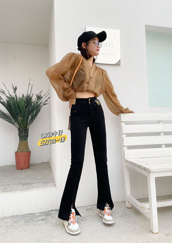 New in autumn! [OKD] Korean high waist double button rabbit label design slim fit jeans 52788-1# GY