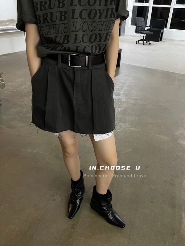 【IN.CHOOSE U】Spliced ​​a-line hot girl skirt (with belt) 67299# CQW