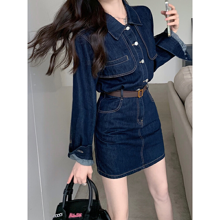 Autumn is new! [Timely rain] Korean ins retro temperament design sense waist and slim dress (with belt) 40599# WPL