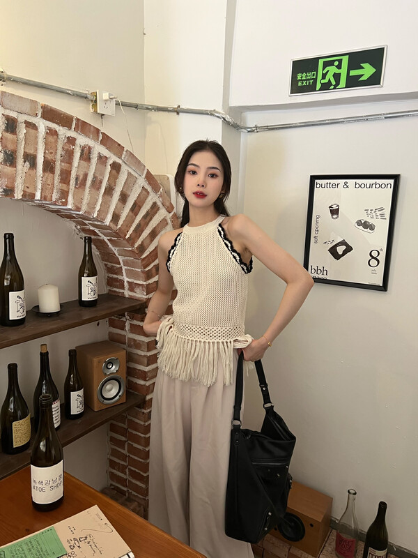 New in early autumn!【FEIMAO (YIMAO)】French design with contrast color edge hollow knitted sweater Z-13799# LSL