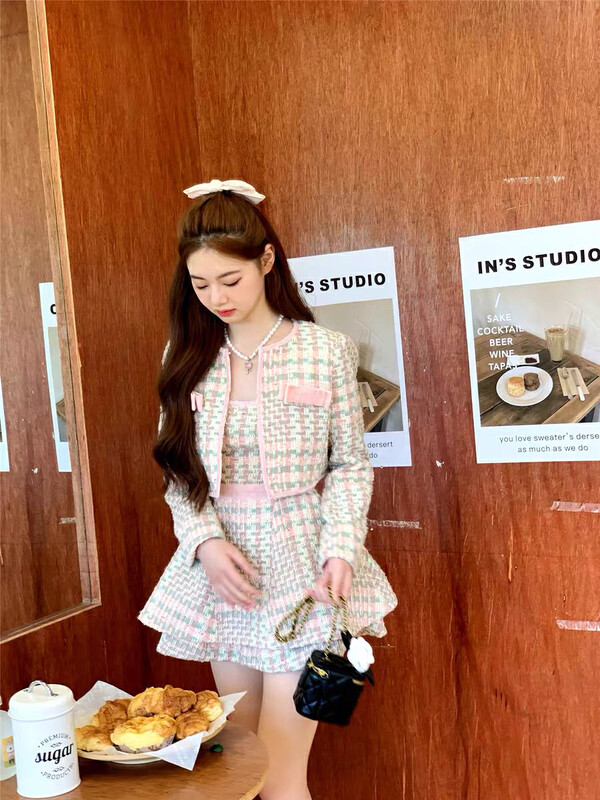 New in autumn!  【KIKI STUDIO】French Small Fragrance Short Jacket + Slim Waist Sling Dress Suit 6565# HJY