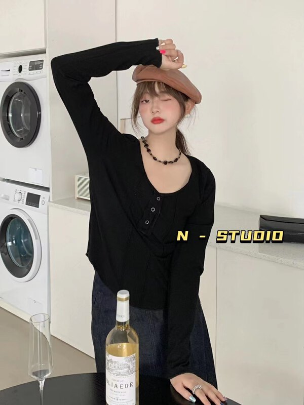 New in early autumn! [N] Korean version of the solid color pullover long-sleeved T-shirt Q113# WTT
