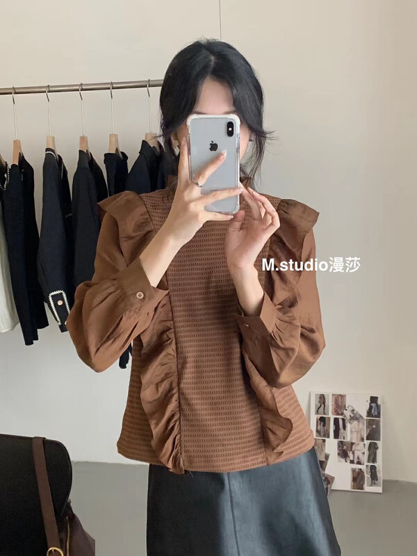 Original price 66.55! New in autumn! [MSTUDIO Mansha] stitching stand-up collar thin shirt t311# HBX