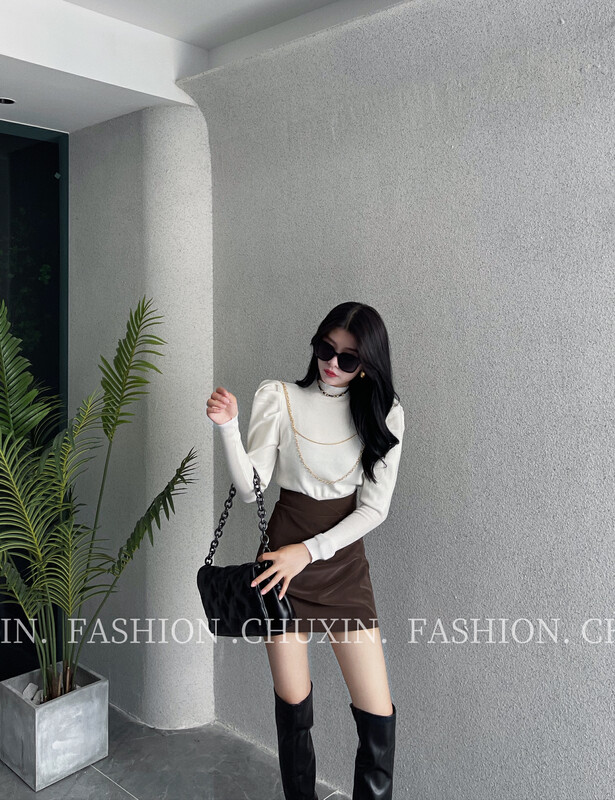 New in autumn! [C.X original heart] French high-end temperament puff sleeve knitted sweater (with chain) Z570# WTT