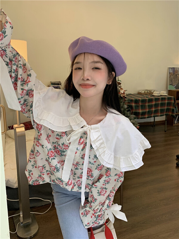 New in early autumn! [Timely rain] Hanfeng ins sweet and age-reducing design sense niche doll collar floral straps chic shirt 50759# WPL