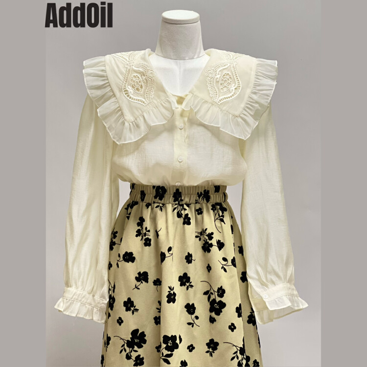 New in autumn! [ADDOIL] Retro lace lapel long-sleeved shirt 7082# ZXL