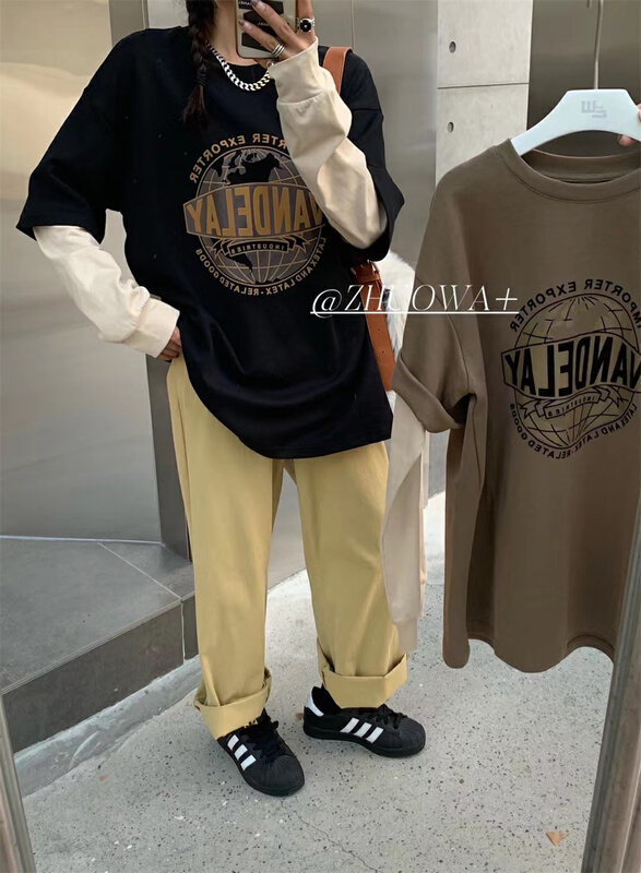 New in autumn! [Strictly selected by buyers - Zhuowa] Fashionable stitching sleeve letter printing long-sleeved T-shirt 2671# CL