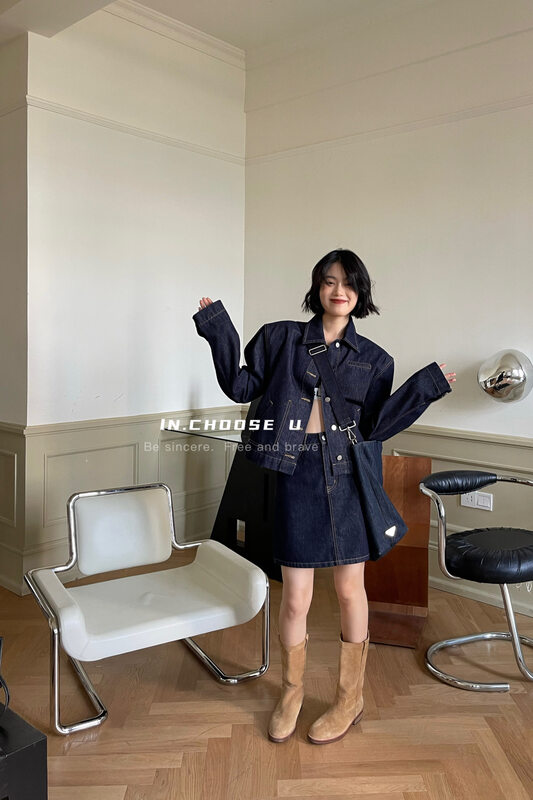 New in early autumn!【IN.CHOOSE U】Korean casual short denim jacket + slim denim skirt two-piece suit 69500# CQW