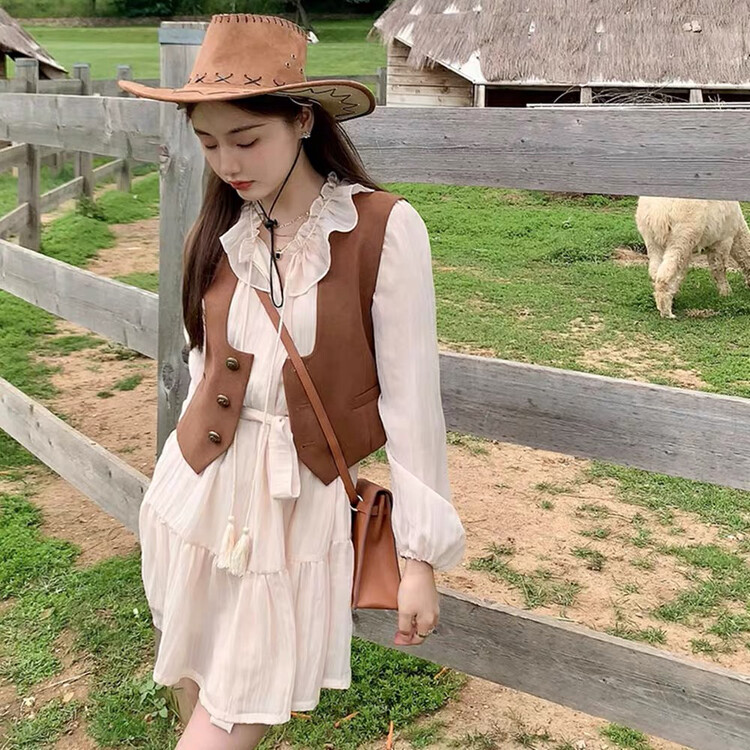 New in autumn!【KIKI STUDIO】Sweet ruffled all-match dress + single-breasted vest suit 6638# HJY