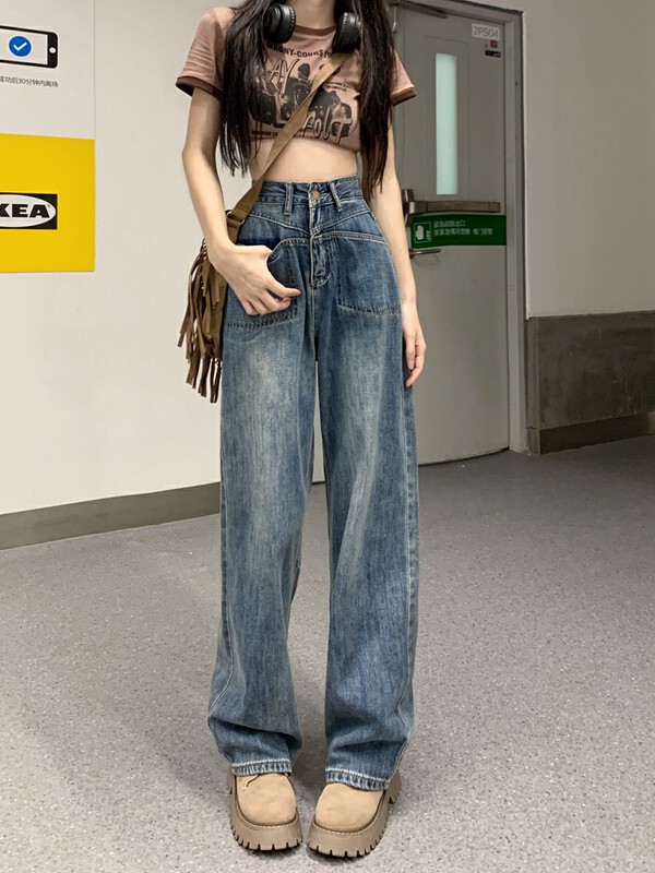 New in early autumn!【KAKAJIA】Designed high-waisted straight-leg loose drape jeans 2564# OZQ