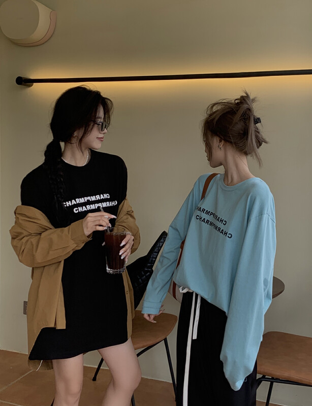 [11AN] Simple letter printing loose long-sleeved T-shirt A9051