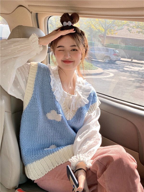 New in autumn! [Timely rain] Korean ins sweet design sense doll collar lace loose shirt A1720# WPL