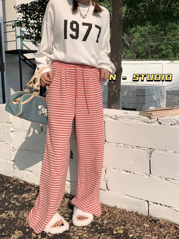 New in autumn!  [N] Elastic waist wide leg slim striped contrast color casual pants Q260# WTT