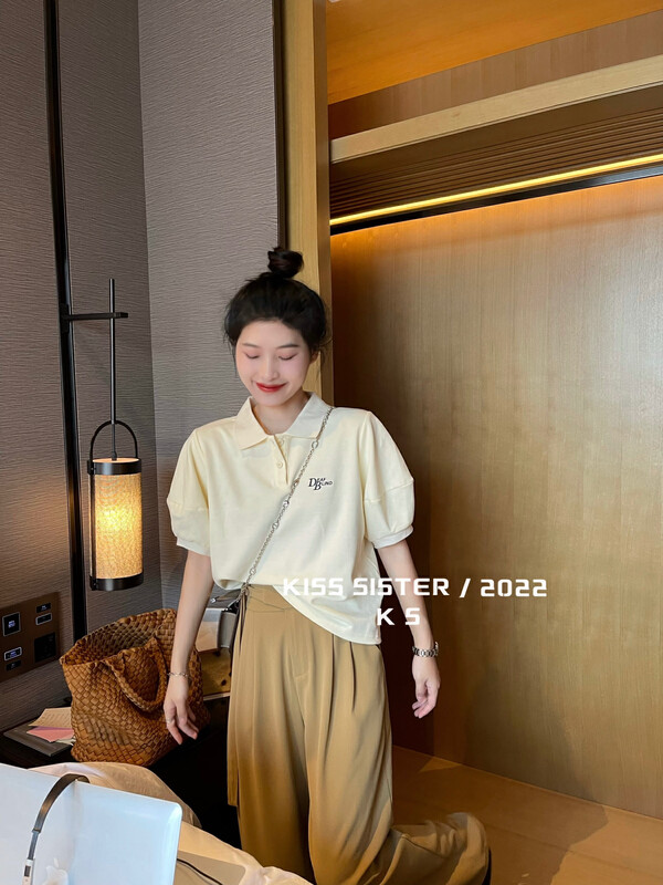 Original price 73.32! [KISS SISTER] Letter Embroidered Puff Sleeve POLO Shirt 22Y9660