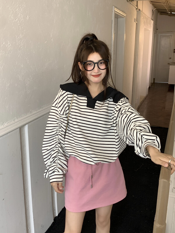 Autumn is new! [Timely rain] Korean style ins retro sweet design big lapel striped sweater K11# WPL