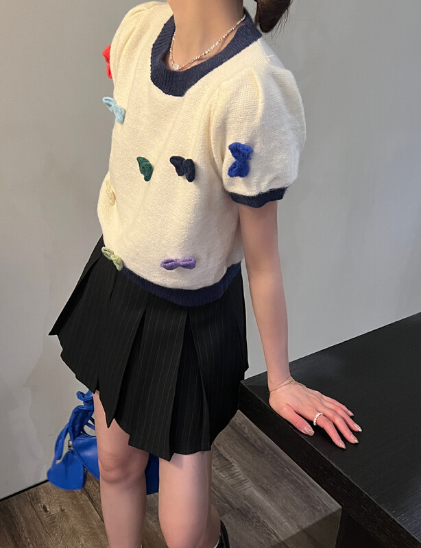 New in autumn! [FEIMAO (YIMAO)] Korean style short-sleeved warm sweater with puff sleeves and bows decoration YM-3012# LSL