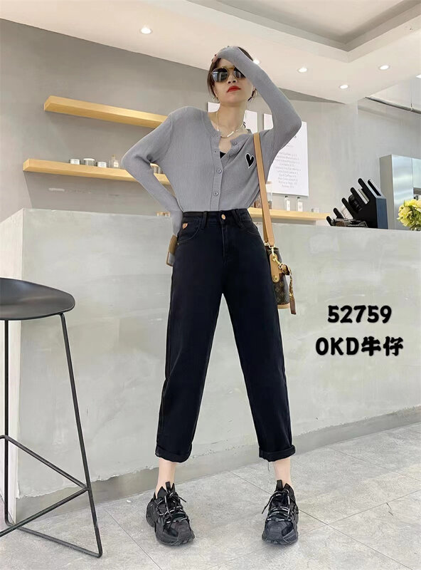 New in autumn! [OKD] Japanese and Korean style back leather card design elastic all-match jeans 52759# GY