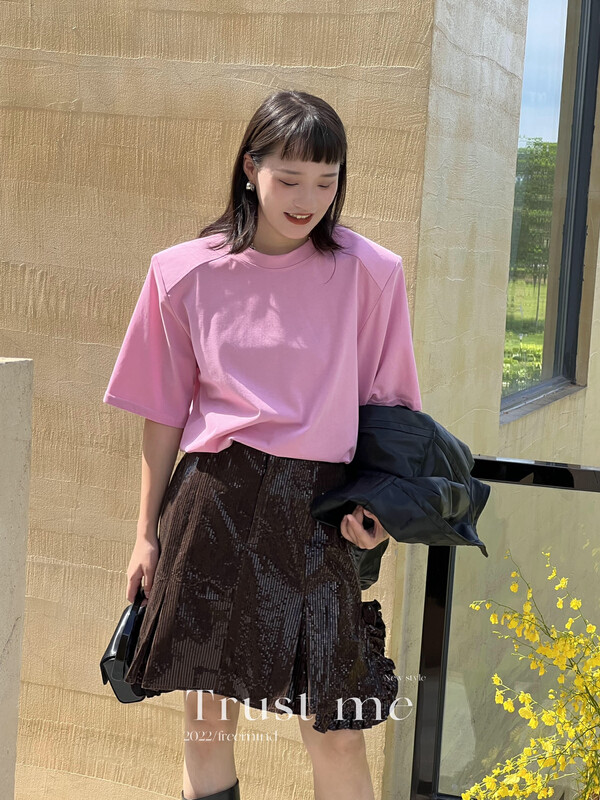 【TRUSTME】Solid color shoulder pad short-sleeved T-shirt 40076