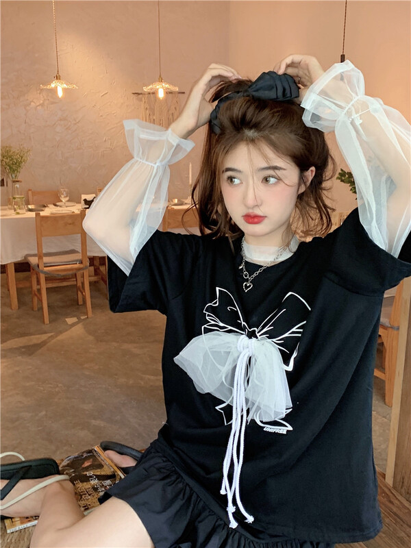 New in early autumn! [Timely rain] Korean style ins sweet design sense careful machine mesh stitching bow long-sleeved T-shirt 02405# WPL