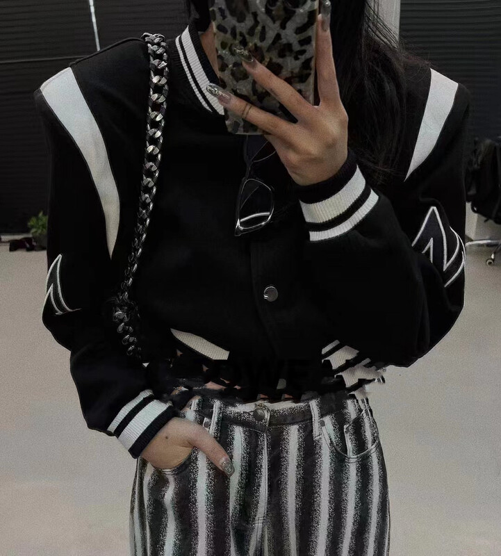 New in autumn! [MI] Korean version of the M letter color-block baseball short jacket 1555# PCZ