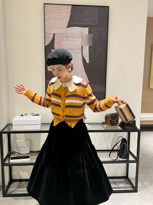 【FEI MAO】Retro contrast color striped sweater cardigan with a lazy sweater coat sweater Z-13866