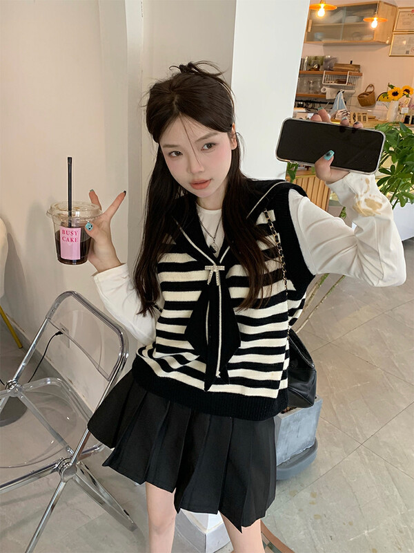 New in autumn! [Timely rain] Korean ins sweet navy collar striped vest D2775# WPL