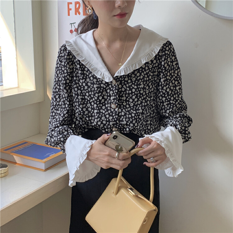 New in early autumn! [Timely rain] Korean style ins retro French loose fungus edge floral loose shirt 70895# WPL