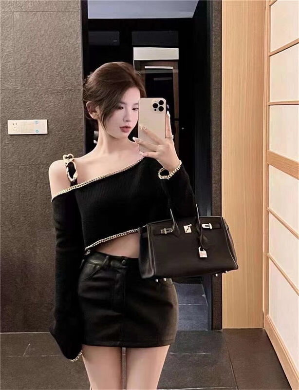 Autumn models are new! [Korean C home] fashionable slanted shoulder heavy industry small design shirt 0216# PCZ