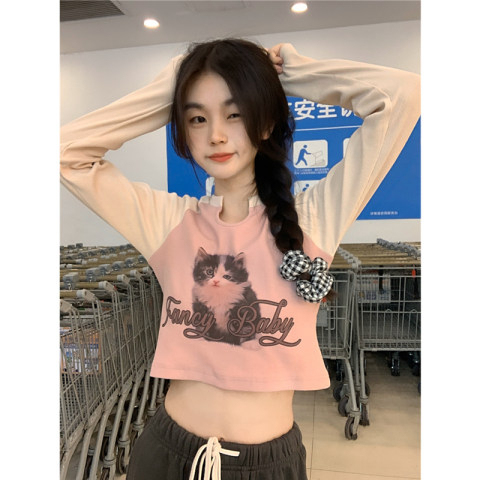Official picture ~ Threaded hot girl short long-sleeved T-shirt women's autumn new contrast color design scheming slim slim top