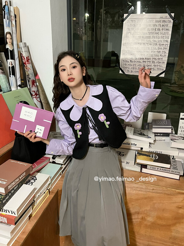 [FEI MAO] College style cute stitch vest cardigan flower jacket vest Z-8584