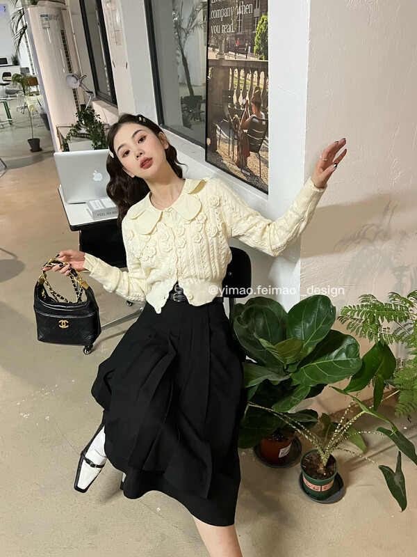 [FEI MAO] Korean version of the three-dimensional flower high-quality hollow knitted sweater cardigan sweater Z-3052