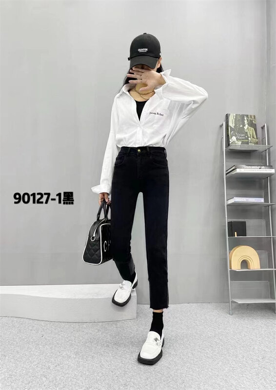 New in autumn! [OKD] Elastic back trousers design brushed all-match thin jeans 90127# GY