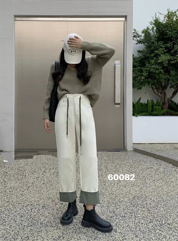 New in autumn! [OKD] Elastic drawstring design contrasting color cuff jeans 60082-1# GY