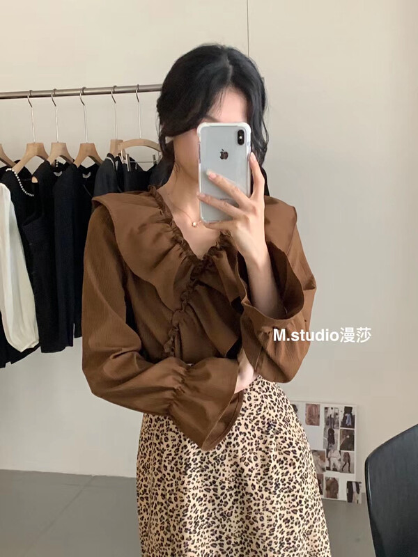 New in early autumn! [MSTUDIO Mansha] V-neck lotus leaf lady's small shirt Y6895# HBX