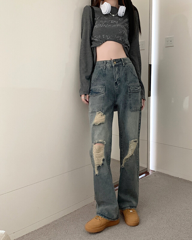 New in early autumn! [Timely rain] Korean style ins American retro design sense ripped straight jeans A5279# WPL
