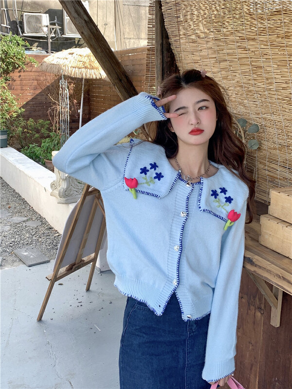 Autumn is new! [Timely rain] Hanfeng ins sweet heavy industry embroidered doll collar three-dimensional flower warm sweater (with flowers) 89258# WPL