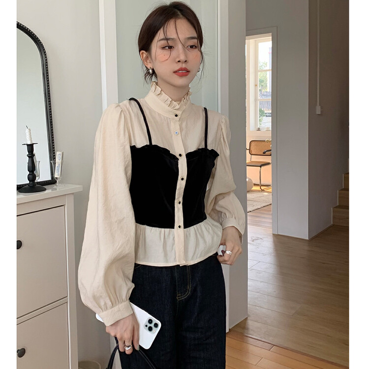 New in autumn! [Timely rain] Celebrity temperament design sense suspenders fake two-piece shirt 44207# WPL