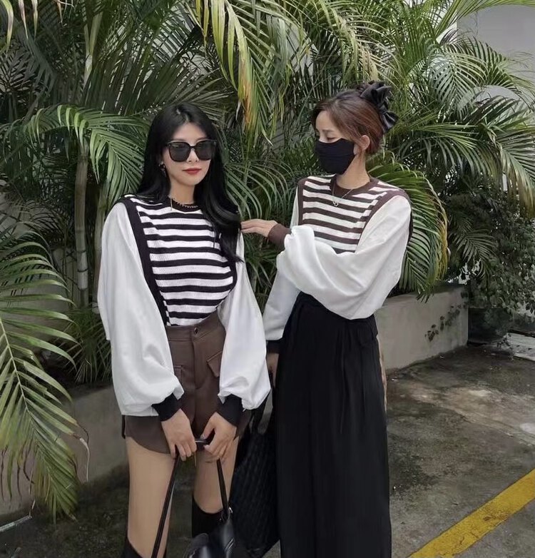 New in autumn! [C.X original heart] knitted stitching striped chic fake two-piece small shirt Z378# WTT