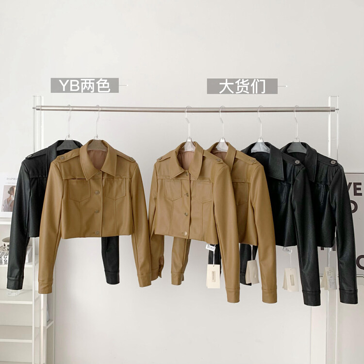 New in autumn! [KAKAJIA] textured motorcycle lapel short leather jacket 2687# OZQ