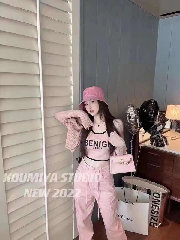 Autumn models are new! [Korean C home] Contrast color round neck letter vest + all-match knitted cardigan suit (without necklace) 0379# PCZ